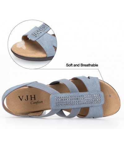 Women's Flat Sandals with Rhinestone Open Toe Elastic Slip On Slingback Comfort Casual Walking Sandals Dusty Blue $19.24 Sandals