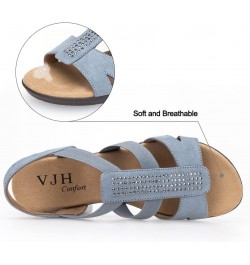 Women's Flat Sandals with Rhinestone Open Toe Elastic Slip On Slingback Comfort Casual Walking Sandals Dusty Blue $19.24 Sandals