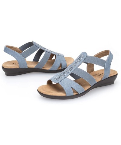 Women's Flat Sandals with Rhinestone Open Toe Elastic Slip On Slingback Comfort Casual Walking Sandals Dusty Blue $19.24 Sandals