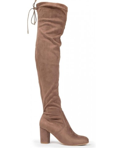 Aspen Boots for Women - Mid Block Heel Drawstring Over the Knee Boot Taupe Vegan Suede $16.10 Boots