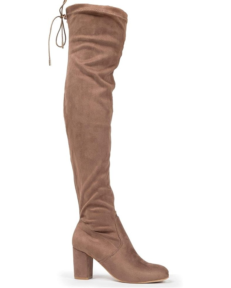 Aspen Boots for Women - Mid Block Heel Drawstring Over the Knee Boot Taupe Vegan Suede $16.10 Boots