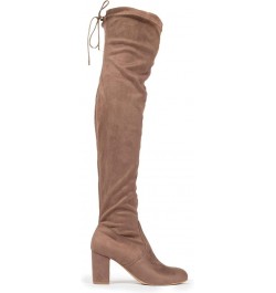 Aspen Boots for Women - Mid Block Heel Drawstring Over the Knee Boot Taupe Vegan Suede $16.10 Boots