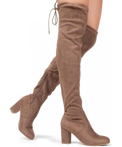 Aspen Boots for Women - Mid Block Heel Drawstring Over the Knee Boot Taupe Vegan Suede $16.10 Boots