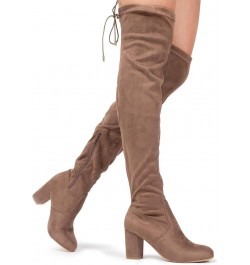 Aspen Boots for Women - Mid Block Heel Drawstring Over the Knee Boot Taupe Vegan Suede $16.10 Boots