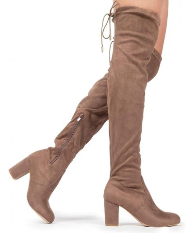 Aspen Boots for Women - Mid Block Heel Drawstring Over the Knee Boot Taupe Vegan Suede $16.10 Boots