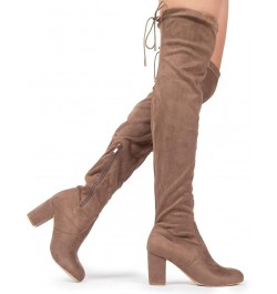 Aspen Boots for Women - Mid Block Heel Drawstring Over the Knee Boot Taupe Vegan Suede $16.10 Boots