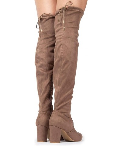 Aspen Boots for Women - Mid Block Heel Drawstring Over the Knee Boot Taupe Vegan Suede $16.10 Boots