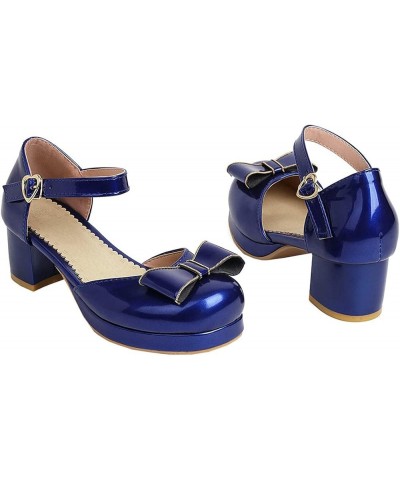 Women's Patent Chunky High Heeled Platform Ankle Strap Pumps with Block Heels Bow Cute Shoes Blue $25.86 Pumps