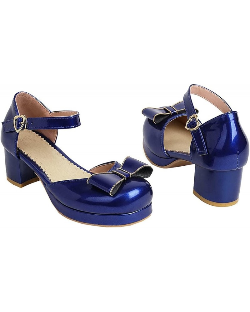 Women's Patent Chunky High Heeled Platform Ankle Strap Pumps with Block Heels Bow Cute Shoes Blue $25.86 Pumps