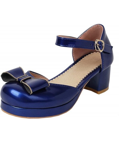 Women's Patent Chunky High Heeled Platform Ankle Strap Pumps with Block Heels Bow Cute Shoes Blue $25.86 Pumps