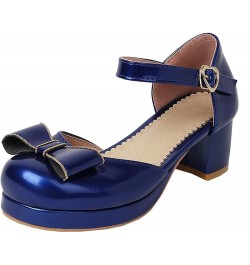 Women's Patent Chunky High Heeled Platform Ankle Strap Pumps with Block Heels Bow Cute Shoes Blue $25.86 Pumps