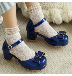 Women's Patent Chunky High Heeled Platform Ankle Strap Pumps with Block Heels Bow Cute Shoes Blue $25.86 Pumps