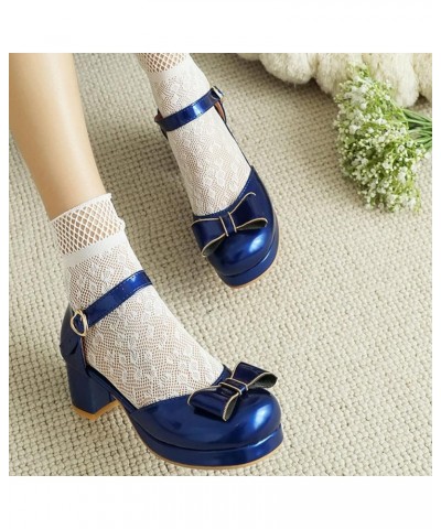 Women's Patent Chunky High Heeled Platform Ankle Strap Pumps with Block Heels Bow Cute Shoes Blue $25.86 Pumps