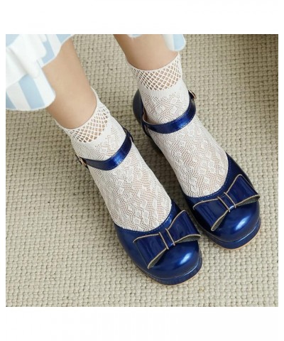 Women's Patent Chunky High Heeled Platform Ankle Strap Pumps with Block Heels Bow Cute Shoes Blue $25.86 Pumps