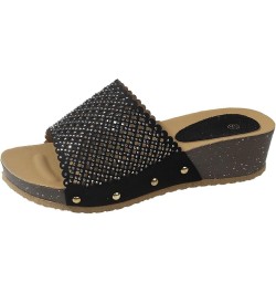 Women's Summer Fashion Open Toed Wedges Wear Slippers With Thick Soled One Line Slip on Slippers for Women Leopard Black $14....