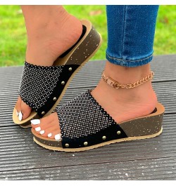 Women's Summer Fashion Open Toed Wedges Wear Slippers With Thick Soled One Line Slip on Slippers for Women Leopard Black $14....