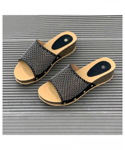 Women's Summer Fashion Open Toed Wedges Wear Slippers With Thick Soled One Line Slip on Slippers for Women Leopard Black $14....