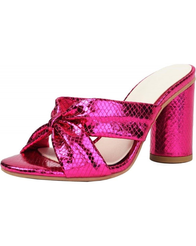 Women Dressy Slip-on Sandals with Bling Material and High Block Heels Rose Red $23.73 Sandals