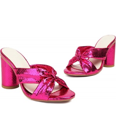 Women Dressy Slip-on Sandals with Bling Material and High Block Heels Rose Red $23.73 Sandals