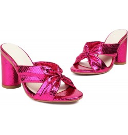 Women Dressy Slip-on Sandals with Bling Material and High Block Heels Rose Red $23.73 Sandals