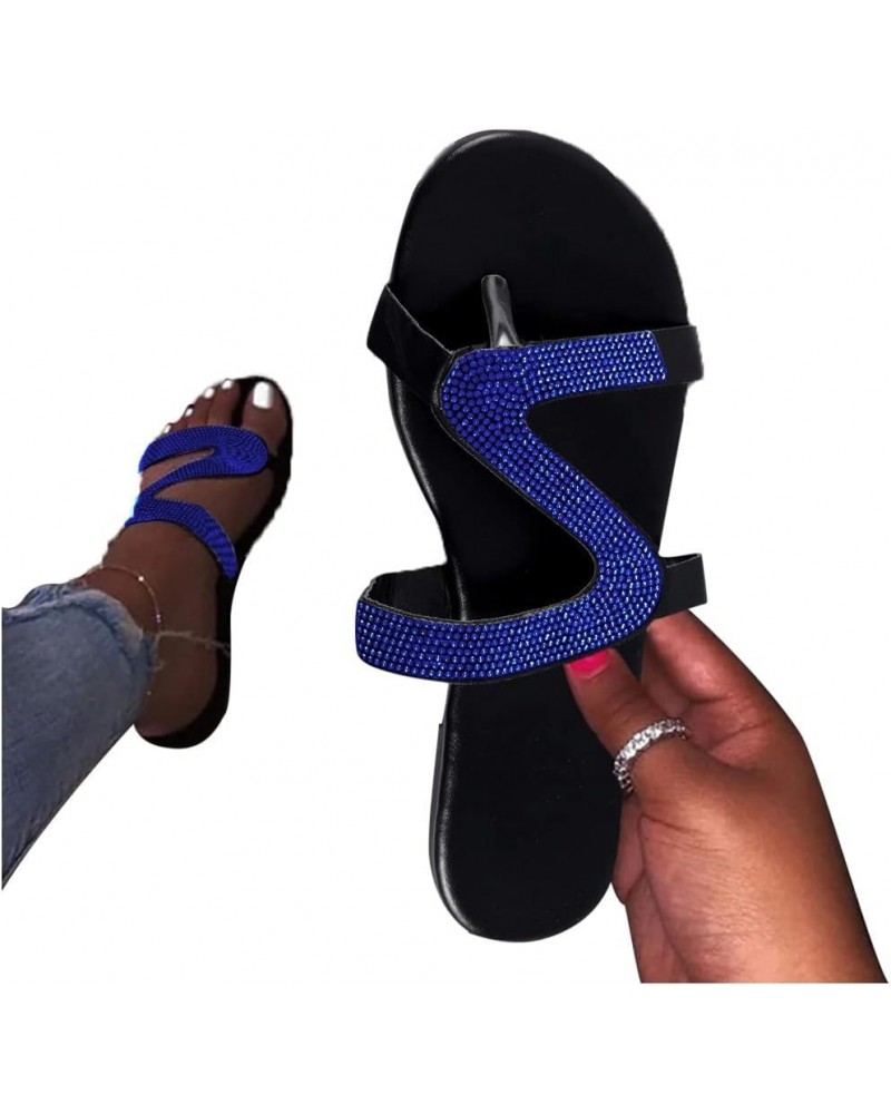 Sandals Women Dressy Summer Flat,Women's Rhinestone Roman Flat Sandals Open Toe Crystal Slippers Sandals Blue $9.67 Sandals