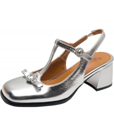 Women Ankle T-Strap Sandals with Square Toe and Chunky Heels Silver $31.97 Sandals