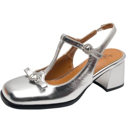 Women Ankle T-Strap Sandals with Square Toe and Chunky Heels Silver $31.97 Sandals