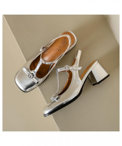 Women Ankle T-Strap Sandals with Square Toe and Chunky Heels Silver $31.97 Sandals