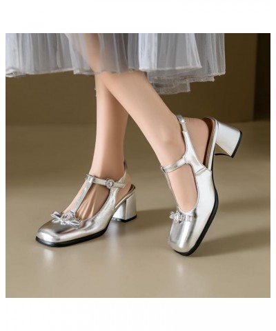 Women Ankle T-Strap Sandals with Square Toe and Chunky Heels Silver $31.97 Sandals