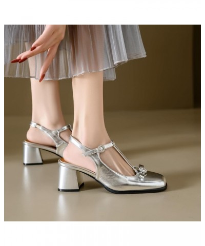 Women Ankle T-Strap Sandals with Square Toe and Chunky Heels Silver $31.97 Sandals