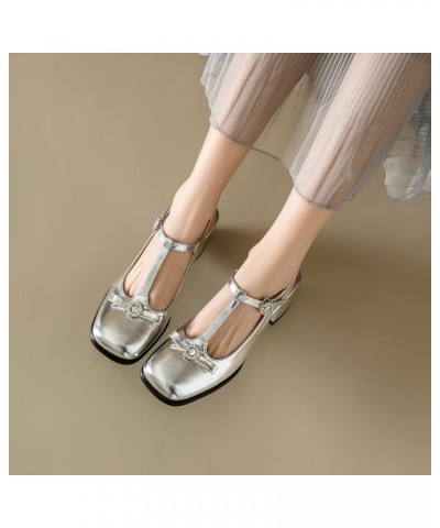 Women Ankle T-Strap Sandals with Square Toe and Chunky Heels Silver $31.97 Sandals