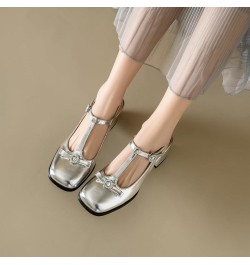 Women Ankle T-Strap Sandals with Square Toe and Chunky Heels Silver $31.97 Sandals