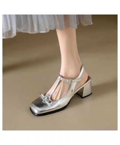 Women Ankle T-Strap Sandals with Square Toe and Chunky Heels Silver $31.97 Sandals