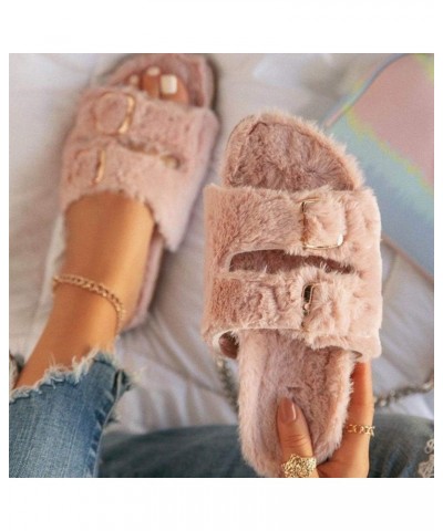 Women'S Fur Flip Flops Flat Artificial Wool Wood Bottom Round Toe House Slippers Outdoor Pink $15.07 Slippers