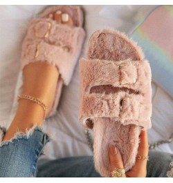 Women'S Fur Flip Flops Flat Artificial Wool Wood Bottom Round Toe House Slippers Outdoor Pink $15.07 Slippers