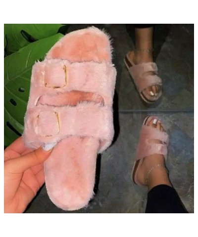 Women'S Fur Flip Flops Flat Artificial Wool Wood Bottom Round Toe House Slippers Outdoor Pink $15.07 Slippers