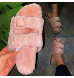 Women'S Fur Flip Flops Flat Artificial Wool Wood Bottom Round Toe House Slippers Outdoor Pink $15.07 Slippers