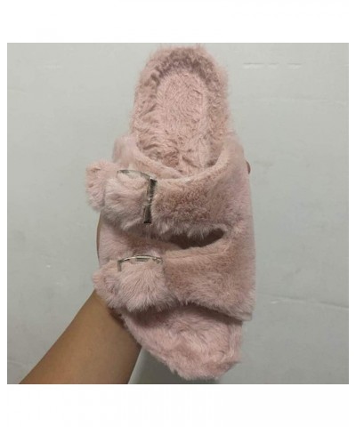 Women'S Fur Flip Flops Flat Artificial Wool Wood Bottom Round Toe House Slippers Outdoor Pink $15.07 Slippers