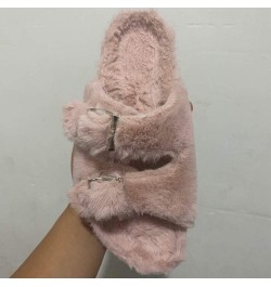 Women'S Fur Flip Flops Flat Artificial Wool Wood Bottom Round Toe House Slippers Outdoor Pink $15.07 Slippers