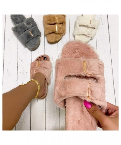 Women'S Fur Flip Flops Flat Artificial Wool Wood Bottom Round Toe House Slippers Outdoor Pink $15.07 Slippers