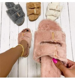 Women'S Fur Flip Flops Flat Artificial Wool Wood Bottom Round Toe House Slippers Outdoor Pink $15.07 Slippers