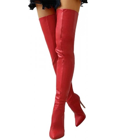 Womens Stretch Thigh High Boots Low Chunky Heel Sexy Zipper Round Toe Over The Knee High Riding Boots 36 for women B-red $32....