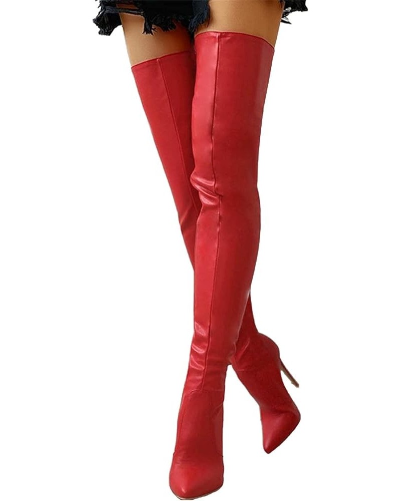 Womens Stretch Thigh High Boots Low Chunky Heel Sexy Zipper Round Toe Over The Knee High Riding Boots 36 for women B-red $32....