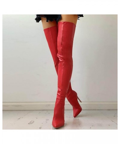 Womens Stretch Thigh High Boots Low Chunky Heel Sexy Zipper Round Toe Over The Knee High Riding Boots 36 for women B-red $32....