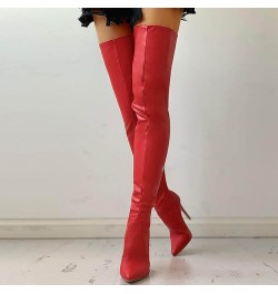 Womens Stretch Thigh High Boots Low Chunky Heel Sexy Zipper Round Toe Over The Knee High Riding Boots 36 for women B-red $32....