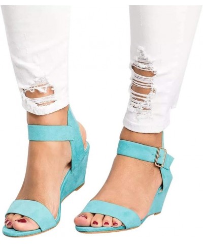 Wedge Ankle Strap Wedge Heel Sandals Buckle Solid Color Gladiator Summer Wedge Sandals for Women Wedges Sandals Blue $13.20 S...