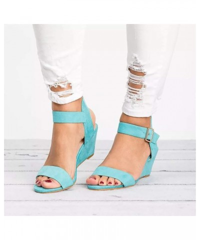 Wedge Ankle Strap Wedge Heel Sandals Buckle Solid Color Gladiator Summer Wedge Sandals for Women Wedges Sandals Blue $13.20 S...