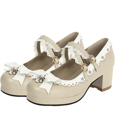 Women Sweet Lolita Cosplay Shoes Mid Block Heeled Mary Janes with Bow Beige $24.95 Pumps