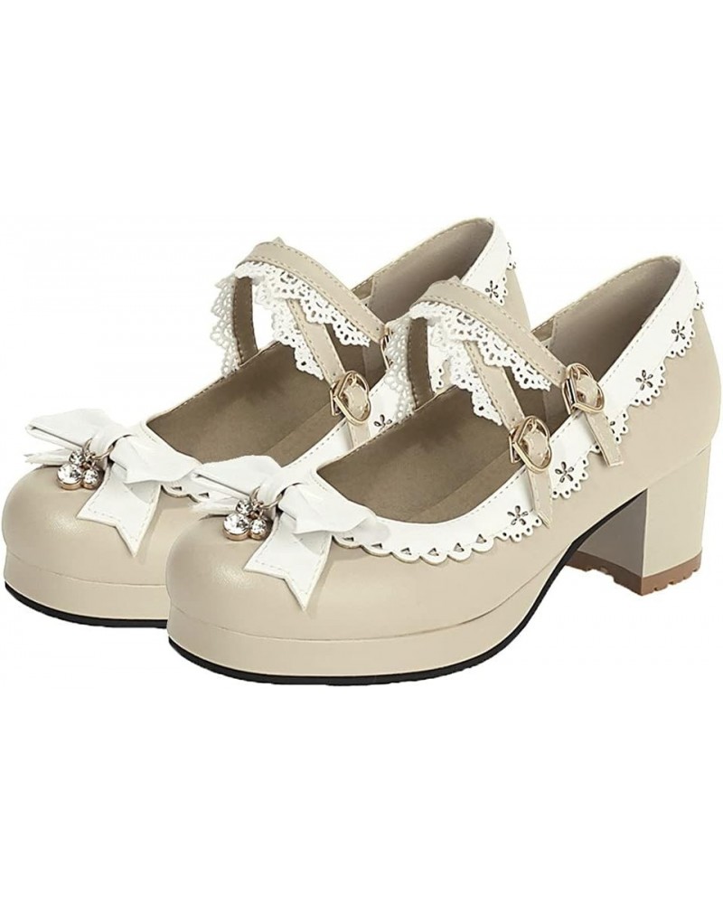 Women Sweet Lolita Cosplay Shoes Mid Block Heeled Mary Janes with Bow Beige $24.95 Pumps