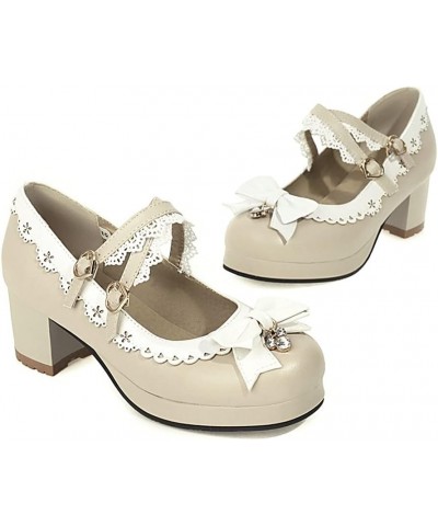 Women Sweet Lolita Cosplay Shoes Mid Block Heeled Mary Janes with Bow Beige $24.95 Pumps